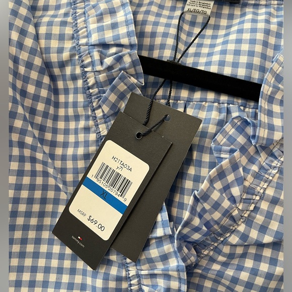 Tommy Hilfiger Women's Gingham Light Blue and White with Ruffles Blouse Size XL - Picture 3 of 9